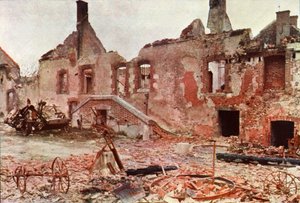 Zerstörte Gebäude in einer Kleinstadt während der Schlacht an der Marne östlich von Paris, September 1914